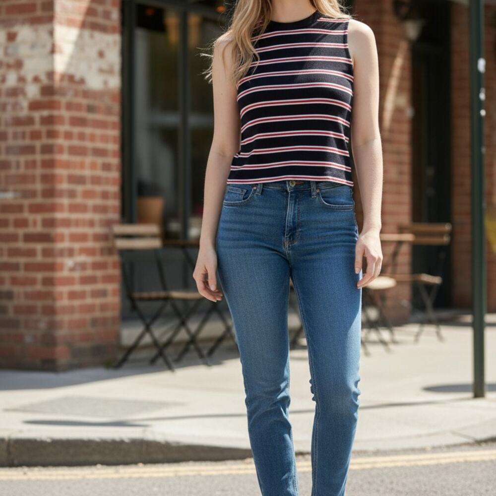 Potter's Pot Sleeveless Top Womens Small 2-6 Navy Blue Red White Striped Blouse